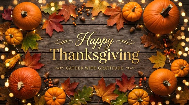 Autumn harvest pumpkins and gourds with Happy Thanksgiving sign on rustic wooden table