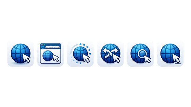 Globe icons representing global web navigation and digital connection arranged in a straight row.