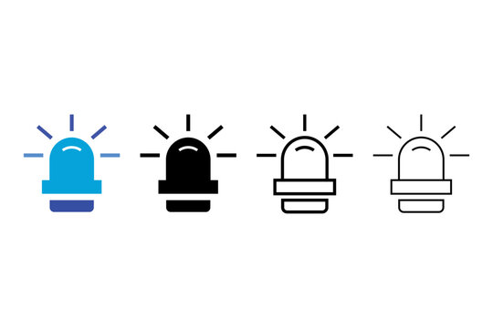 Siren light, emergency flasher, and alarm alert vector icon set. Flashing beacon light symbol for security alarm, emergency response, danger warning, police siren, and mobile app UI design. Isolated w