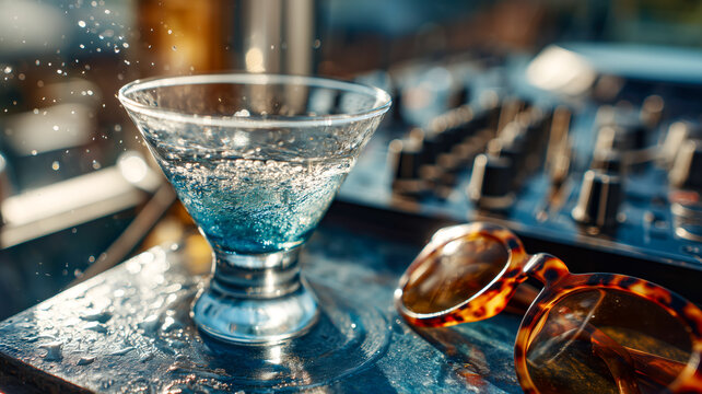 Sparkling drink, DJ setup, and sunglasses, a cool summer vibe