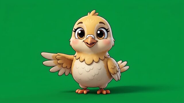 Cute cartoon chick with big eyes and fluffy feathers on a vibrant green background, adorable and friendly character design.