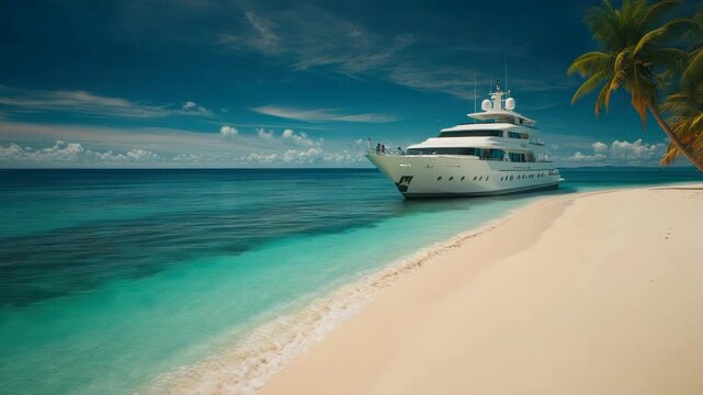 A white yacht resting near a sandy beach with palm trees and a gradient of turquoise waters