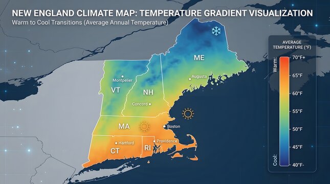 Colorful climate map of New England displaying a temperature gradient across the region, useful for weather analysis, climate research, environmental studies, agriculture, and geography.
