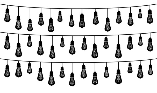 Vintage Edison Light Bulb String Silhouette Set with Hanging Retro Garlands for Rustic Wedding Celebration Party Night Event and Graphic Designs