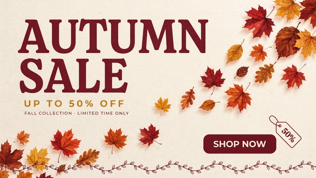 Autumn sale banner with fall leaves, seasonal discount promotion for retail, orange and red maple foliage on cream background