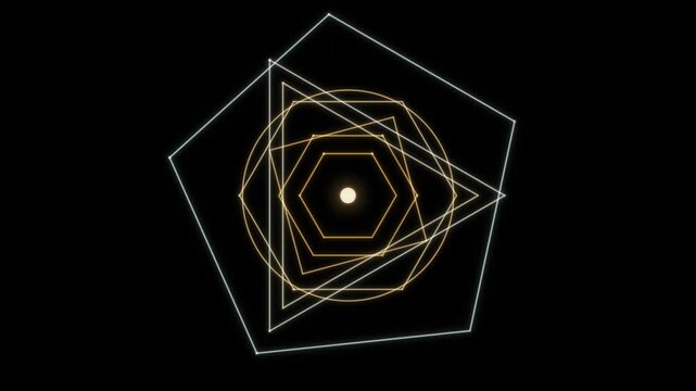Concentric geometric shapes spiral inward toward a glowing center against a dark background.