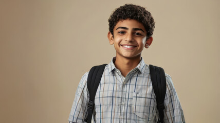 Obraz premium Smiling teenage boy with backpack on neutral background