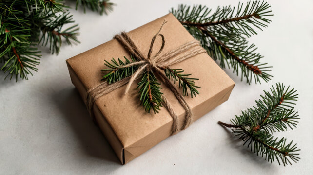 Kraft gift box, evergreen branch, twine bow, holiday present