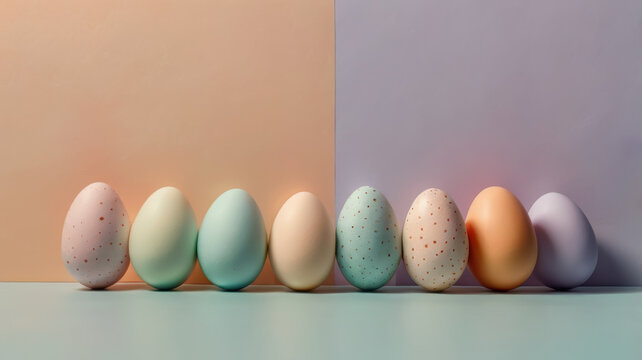 Pastel Easter egg row on soft minimalist background with gentle spring light