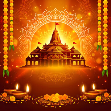 Hindu Temple silhouette with marigold flowers and glowing oil lamps for Diwali festival