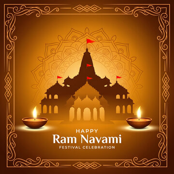 Ram Navami greeting card with temple silhouette and glowing oil lamps for Hindu festival