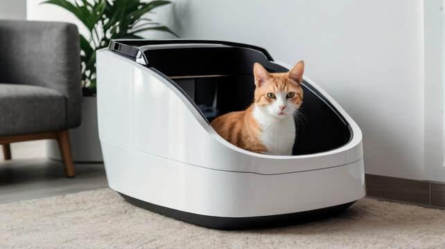 Automatic litter box cat indoors modern pet bathroom device sleek white design