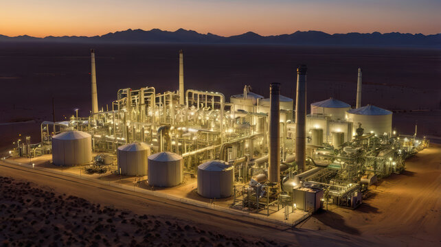 Desert energy plant at dusk with illuminated industrial tank and pipe network