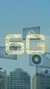Animation of 6g text, data processing and scopes scanning on screens over cityscape