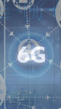 Animation of 6g text, network of connections with people icons and scope scanning over cityscape