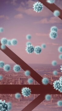 Animation of covid 19 cells floating over cityscape seen through window in background