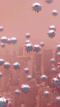 Animation of covid 19 cells floating over cityscape on red background