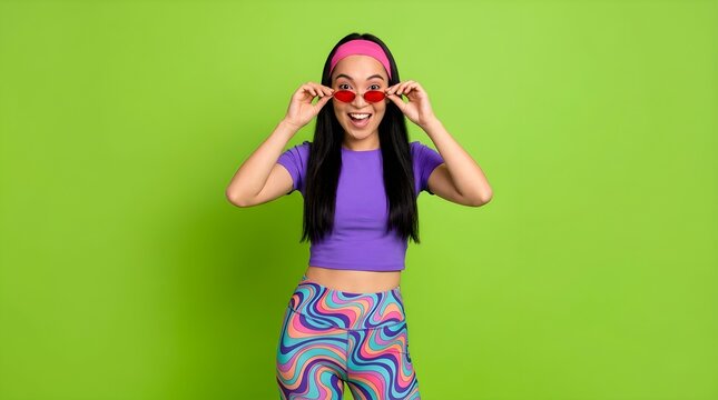 Excited young woman wearing retro sunglasses and purple clothing posing against a bright green studio background