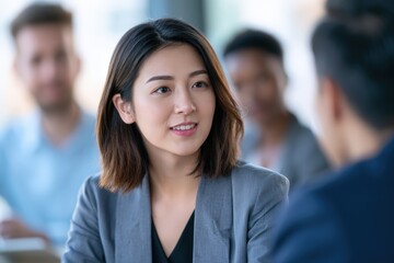 Obraz premium Woman smiles warmly during professional conversation