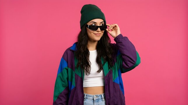 Stylish young woman wearing colorful vintage windbreaker jacket with dark sunglasses and green beanie hat posing