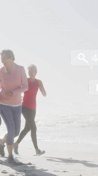 Animation of social media notifications, over women running on beach