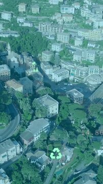 Animation of digital icons and data processing over cityscape