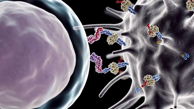 T cell white blood cell interacting with antigen presenting cell close up