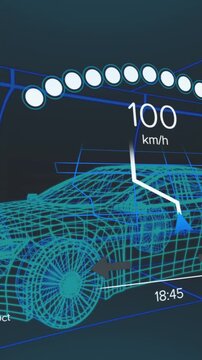 Animation of interface with charging battery icon and speedometer over car