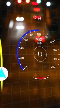Animation of interface with charging battery icon and speedometer over road