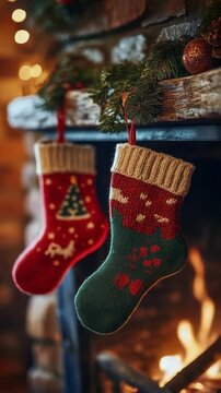 Cozy socks hang by fireplace embers. Festive Christmas stockings dangle warmly. Soft glow surrounds holiday decorations. Tinsel and berries frame the scene. Fire crackles gently in stone hearth