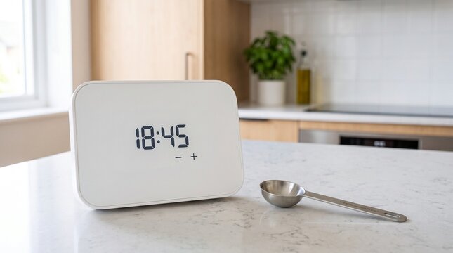 Digital kitchen timer on a modern countertop with a measuring spoon for cooking