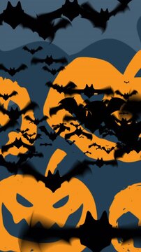 Animation of pumpkins and bats on dark blue background