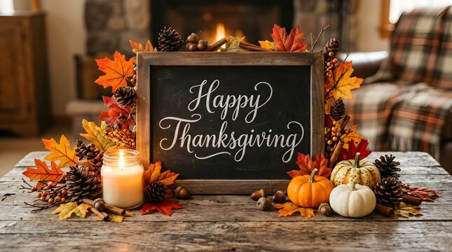 Cozy autumn Thanksgiving chalkboard sign with pumpkins, candles, and fall decor on rustic wooden table