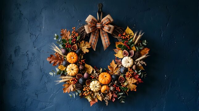 Autumn harvest wreath with dried flowers, wheat, and pinecones for seasonal home decor display