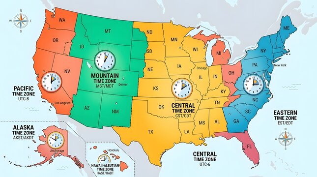 Color-coded United States map showing major time zones and state boundaries, ideal for geographic education, logistics, business operations, scheduling, travel planning, and regional analysis.