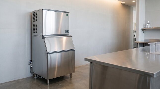 Commercial stainless steel ice machine in a professional restaurant kitchen interior