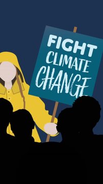 Animation of woman and people protesting with banner against climate change