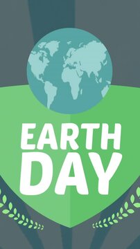 Animation of shield with globe and earth day on green background