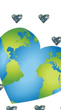 Animation of heard shaped globes floating over big heart shaped globe