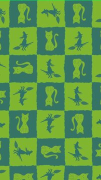 Animation of moving green texture with cats and witches