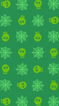 Animation of green texture with moving spiders web and skulls