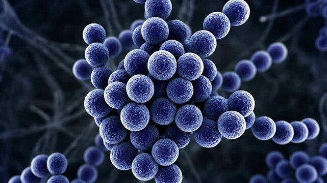 Cluster of spherical cocci bacteria chain under scientific microscope