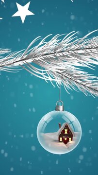 Animation of stars falling over branch with christmas baubles on blue background