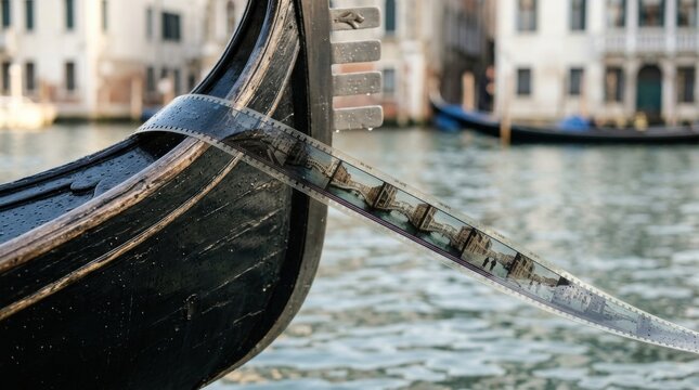 Vintage film strip draped over a traditional wooden rowing boat prow