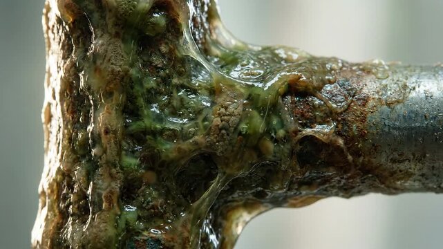 Close up textured microbial biofilm layer on industrial surface