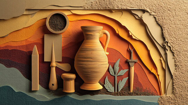 Archaeological excavation tools and clay pottery vessel arranged in a layered paper art landscape concept