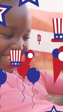 Animation of red, white and blue decorations, over smiling father and daughter and american flag