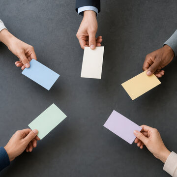 Office productivity hacks with diverse hands holding colorful blank cards for creative teamwork and collaboration concept