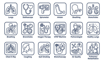 Fototapeta premium Pulmonology and Respiratory Health Outline Icons Set Lungs Medical Vector Collection