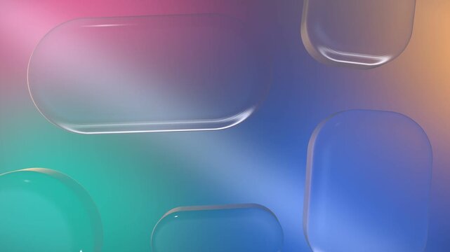 Liquid glass panels floating over colorful gradient background, seamless loop